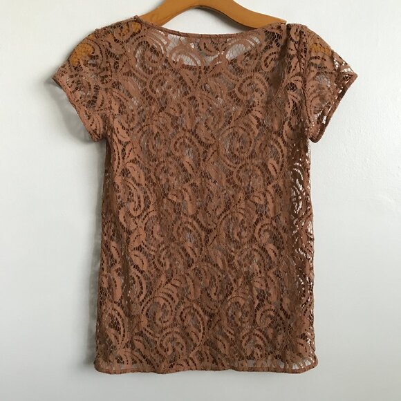 ANN TAYLOR WOMENS SHIRT BROWN SHORT SLEEVE LACE SHEER - Picture 4 of 7